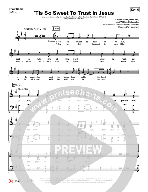 Tis So Sweet To Trust In Jesus Choir Sheet (SATB) (Casting Crowns)