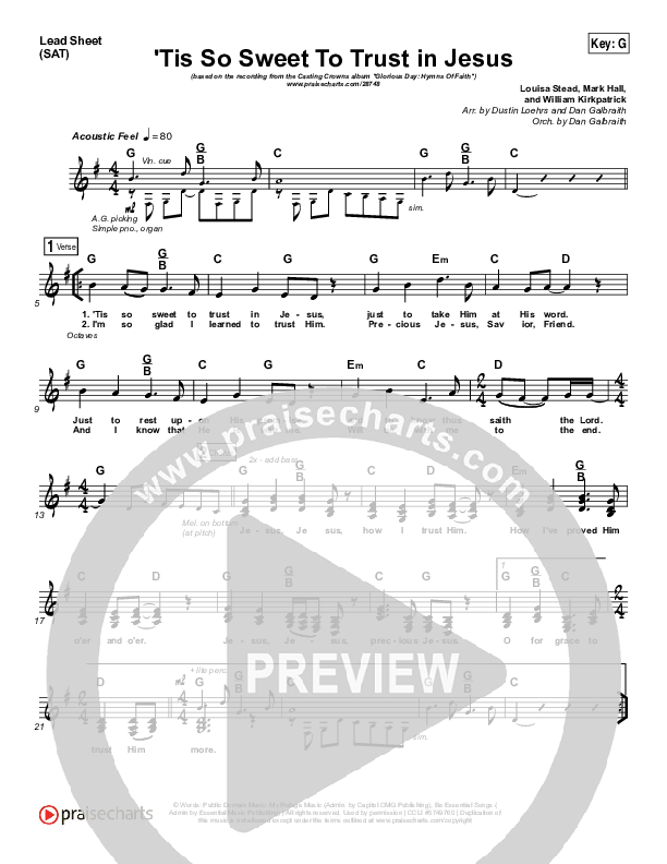 Tis So Sweet To Trust In Jesus Lead Sheet (SAT) (Casting Crowns)