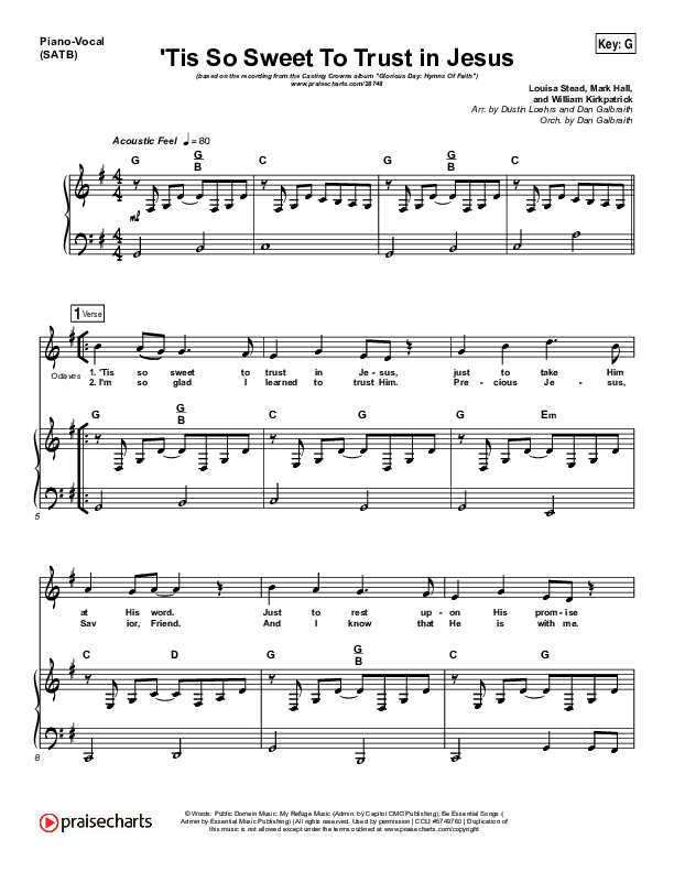Tis So Sweet To Trust In Jesus Piano/Vocal (SATB) (Casting Crowns)