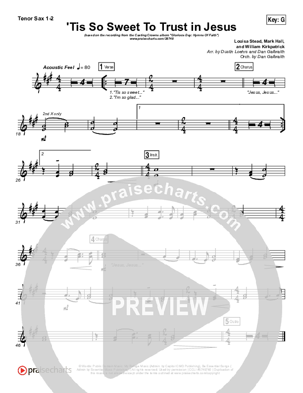 Tis So Sweet To Trust In Jesus Tenor Sax 1,2 (Casting Crowns)