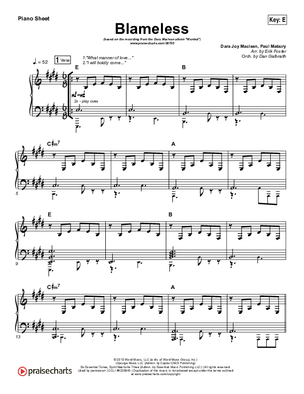 Blameless Piano Sheet (Dara Maclean)