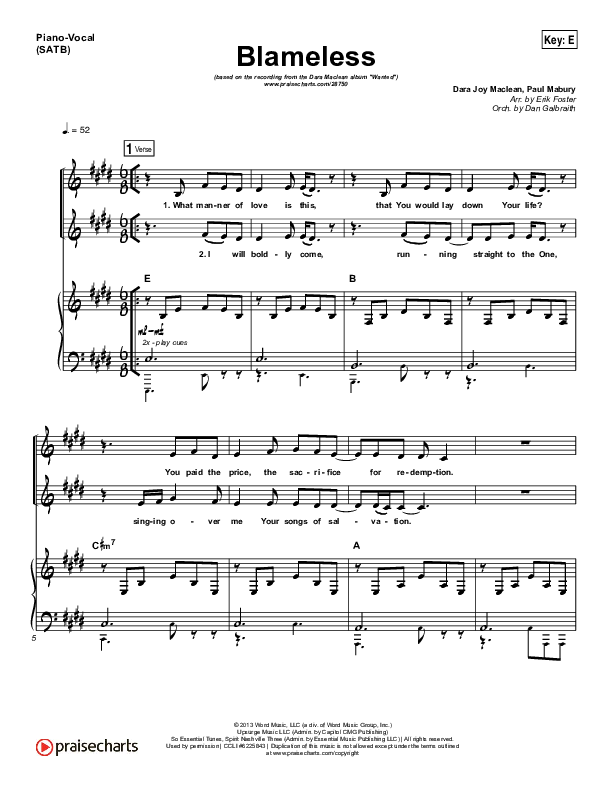 Blameless Piano/Vocal (SATB) (Dara Maclean)