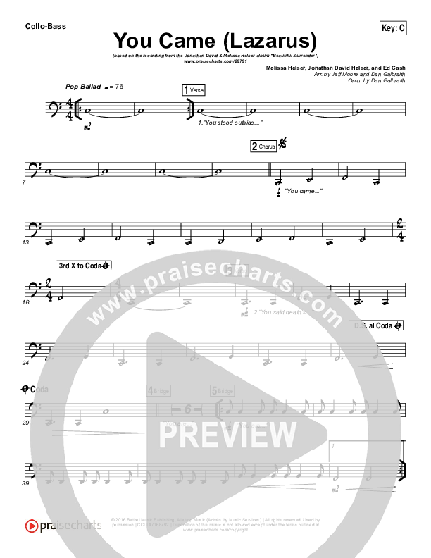 You Came (Lazarus) Cello/Bass (Jonathan David Helser / Melissa Helser)