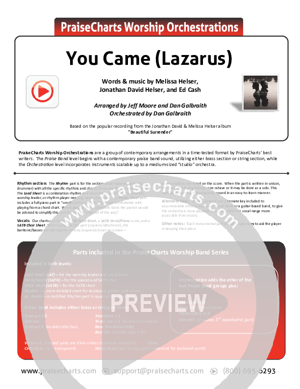 You Came (Lazarus) Cover Sheet (Jonathan David Helser / Melissa Helser)