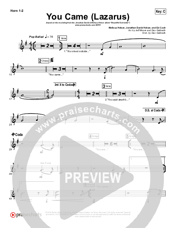 You Came (Lazarus) French Horn 1/2 (Jonathan David Helser / Melissa Helser)