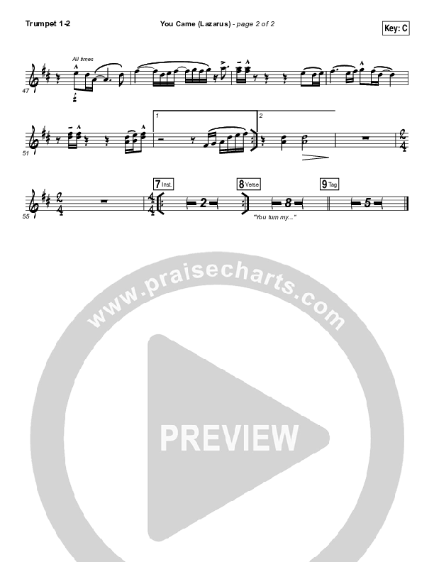 You Came (Lazarus) Trumpet 1,2 (Jonathan David Helser / Melissa Helser)