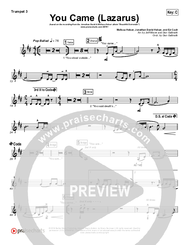 You Came (Lazarus) Trumpet 3 (Jonathan David Helser / Melissa Helser)