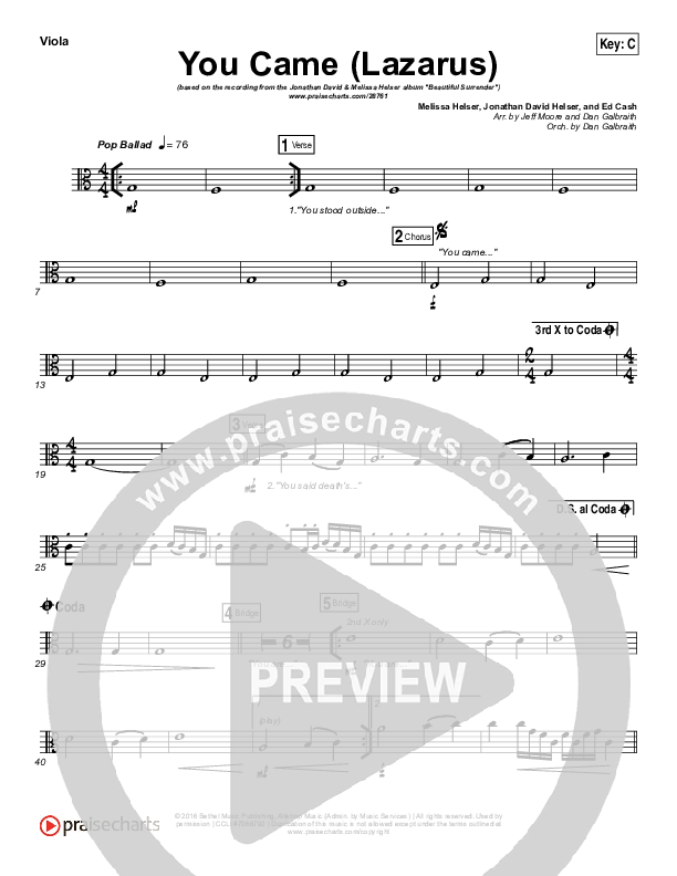 You Came (Lazarus) Viola (Jonathan David Helser / Melissa Helser)