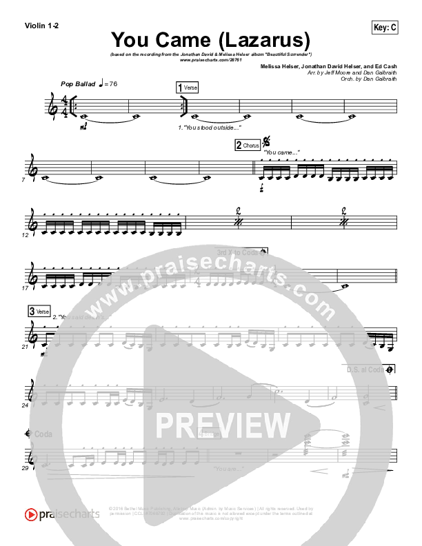You Came (Lazarus) Violin 1/2 (Jonathan David Helser / Melissa Helser)