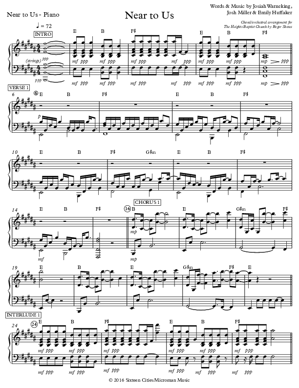 Near To Us Piano Sheet (Sixteen Cities)