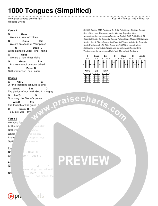 1000 Tongues Chord Chart (Hillsong UNITED)