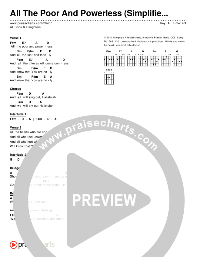 All The Poor And Powerless (Simplified) Chords PDF (All Sons