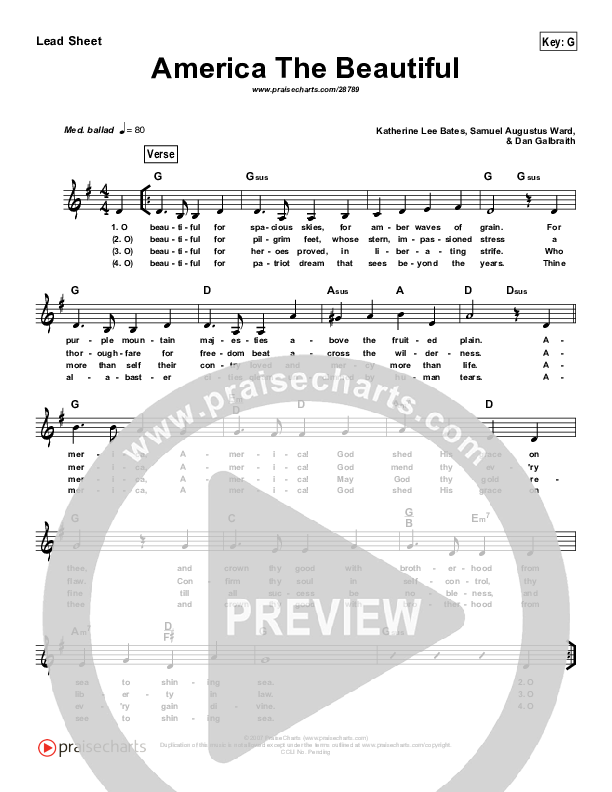 America The Beautiful (Simplified) Lead Sheet (PraiseCharts Band)