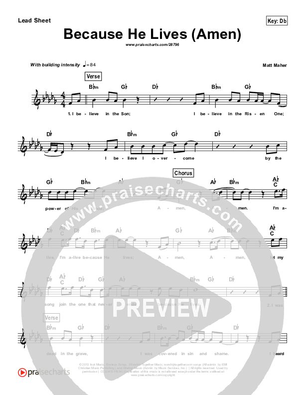 Because He Lives (Amen) Lead Sheet (Melody) (Matt Maher)