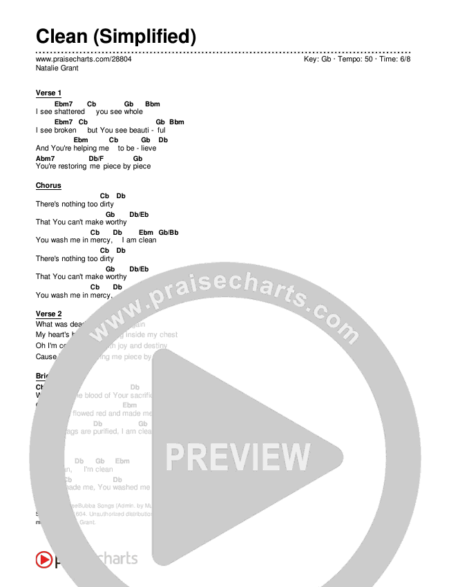 Clean (Simplified) Chord Chart (Natalie Grant)
