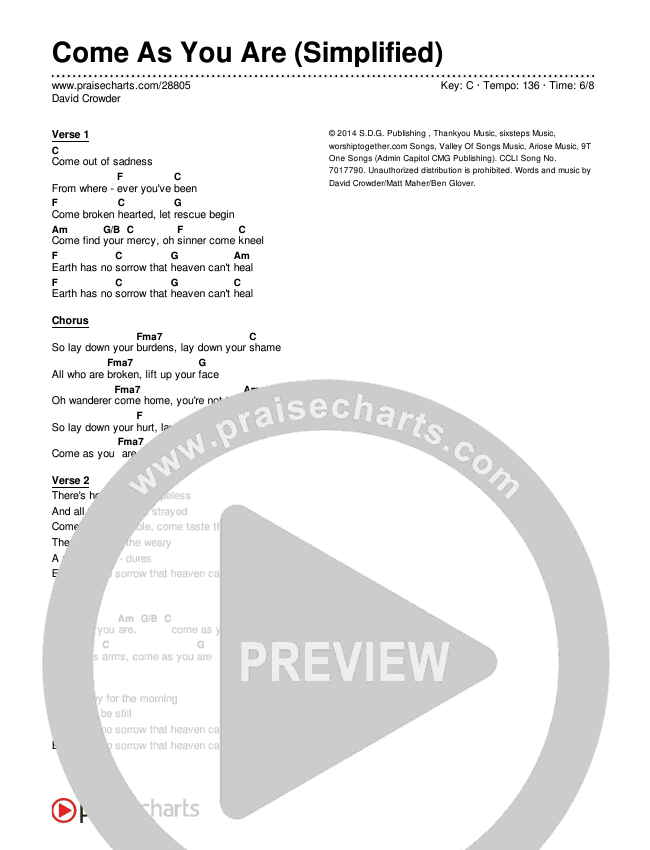 Come As You Are (Simplified) Chord Chart (David Crowder)