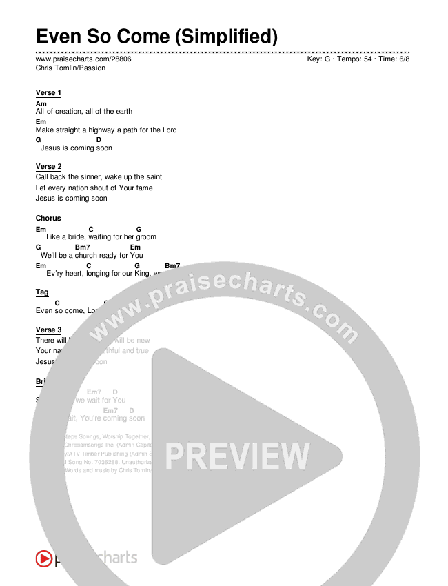 Even So Come Chord Chart (Chris Tomlin / Passion)