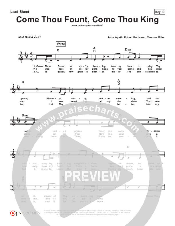 Come Thou Fount Come Thou King (Simplified) Lead Sheet (Gateway Worship)