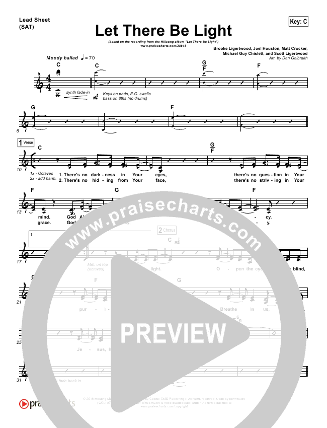 Let There Be Light Sheet Music PDF (Hillsong Worship) - PraiseCharts
