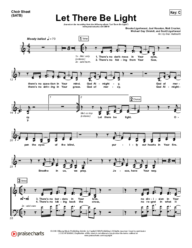 Let There Be Light Choir Sheet (SATB) (Hillsong Worship)