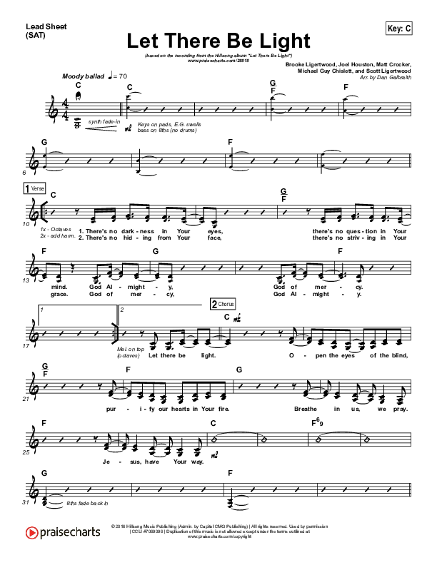 Let There Be Light Lead Sheet (SAT) (Hillsong Worship)