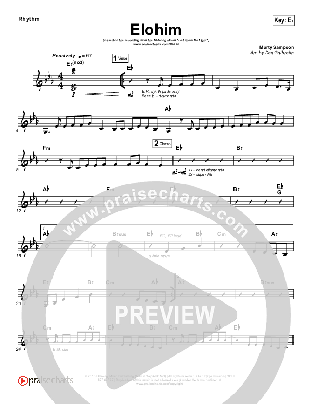 Elohim Rhythm Chart (Hillsong Worship)