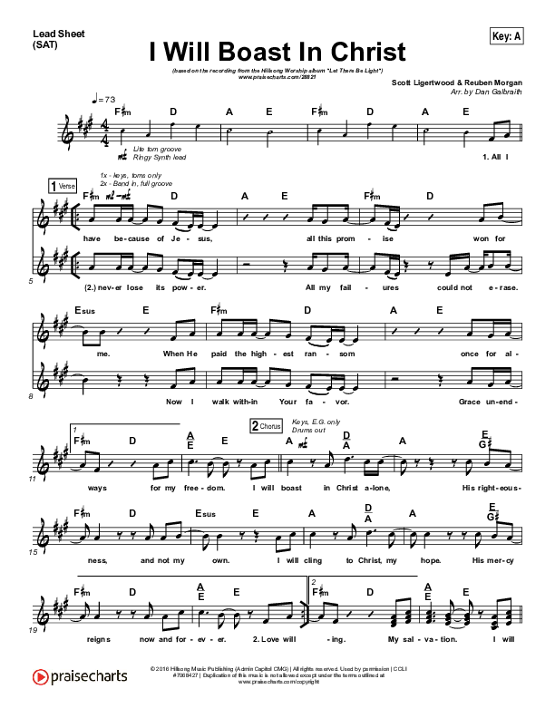 I Will Boast In Christ Lead Sheet (SAT) (Hillsong Worship)