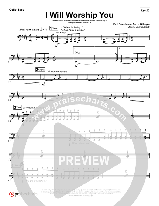 I Will Worship You Cello/Bass (Paul Baloche)