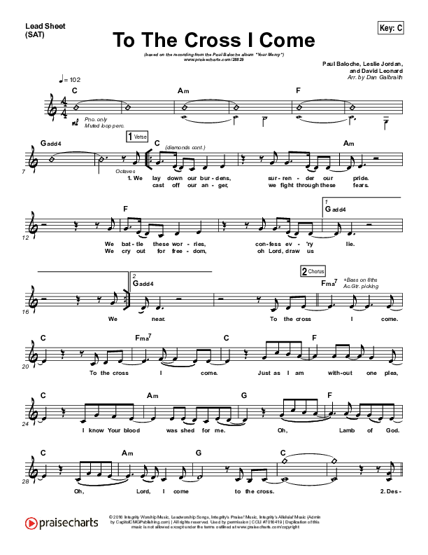To The Cross I Come Lead Sheet (SAT) (Paul Baloche)