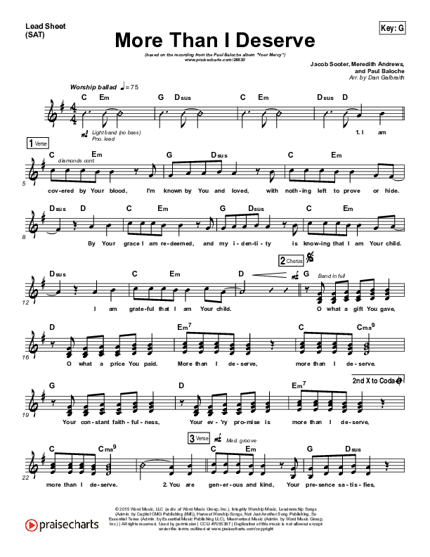 More Than I Deserve Lead Sheet (SAT) (Paul Baloche)