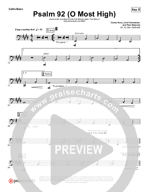 Psalm 92 (O Most High) Cello/Bass (Paul Baloche)