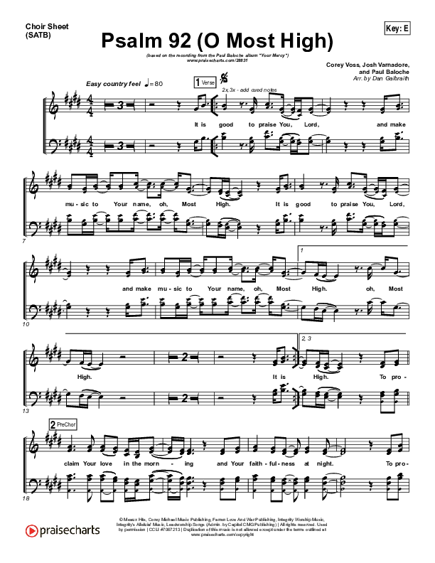 Psalm 92 (O Most High) Choir Sheet (SATB) (Paul Baloche)