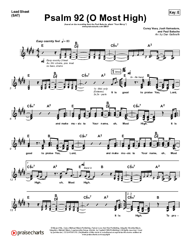 Psalm 92 (O Most High) Lead Sheet (SAT) (Paul Baloche)