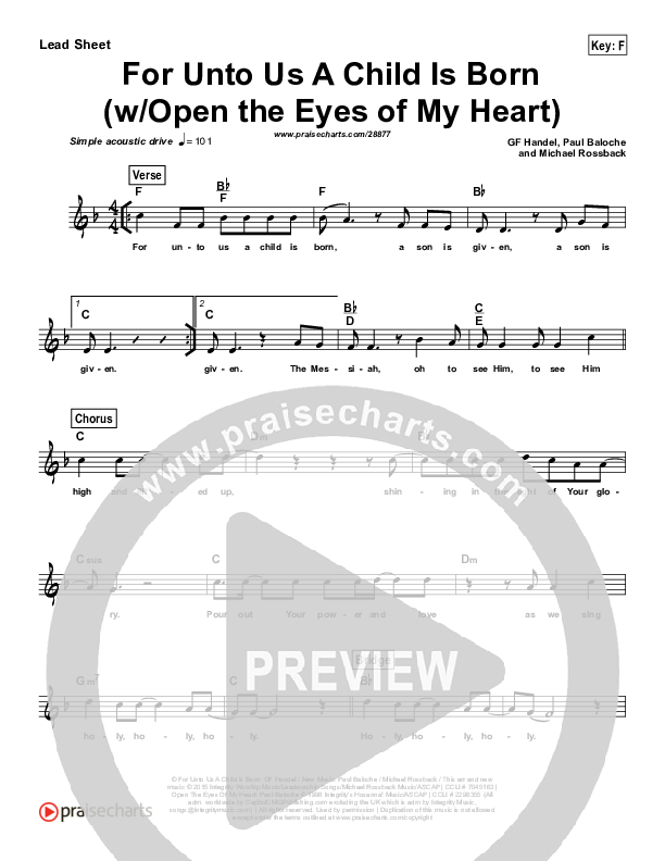 For Unto Us A Child Is Born (Open The Eyes Of My Heart Lord) (Simplified) Lead Sheet (Paul Baloche)