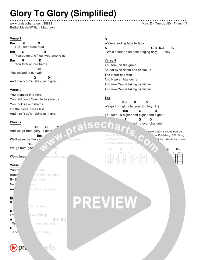 Glory To Glory Chord Chart (Bethel Music / William Matthews)