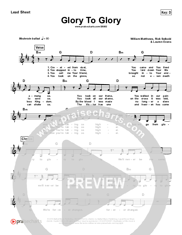 Glory To Glory (Simplified) Lead Sheet (Bethel Music / William Matthews)