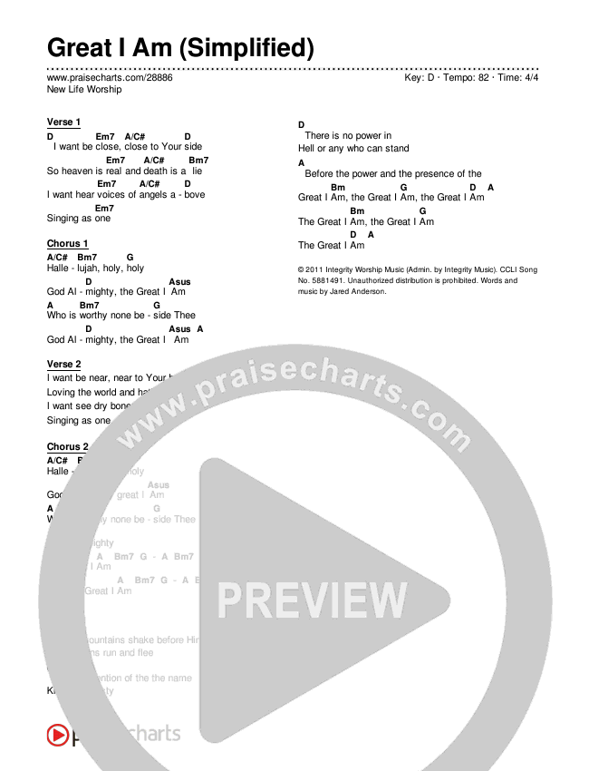 Great I Am Chord Chart (New Life Worship)