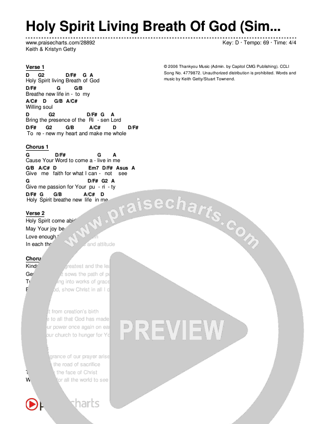 Holy Spirit Living Breath Of God Chord Chart (Keith & Kristyn Getty)