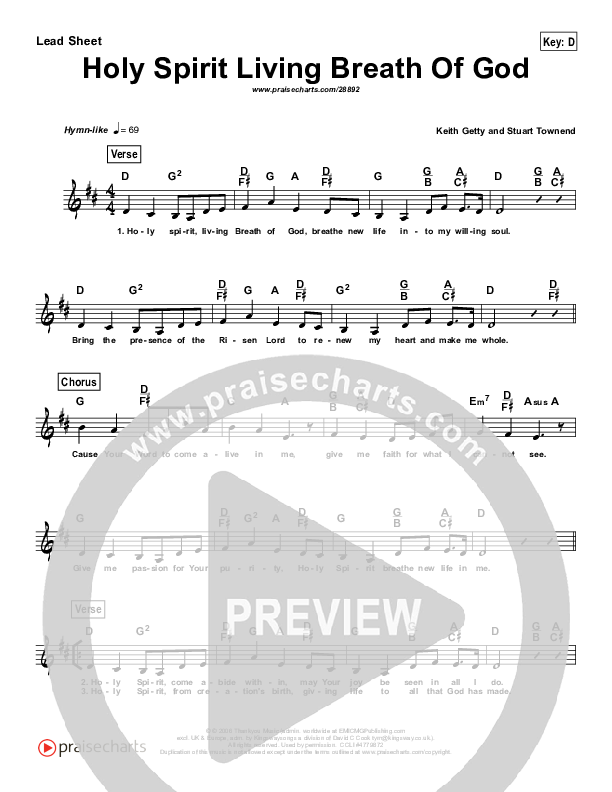 Holy Spirit Living Breath Of God Lead Sheet (Keith & Kristyn Getty)