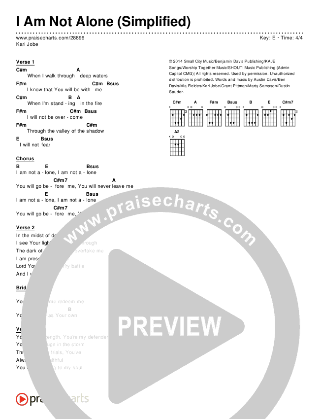 I Am Not Alone (Simplified) Chord Chart (Kari Jobe)