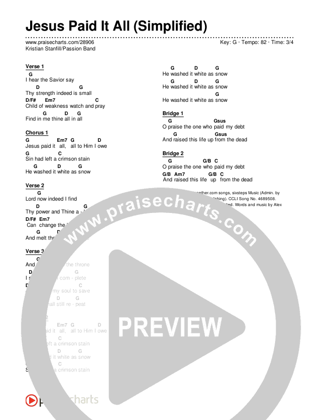 Jesus Paid It All (Simplified) Chord Chart (Kristian Stanfill / Passion)