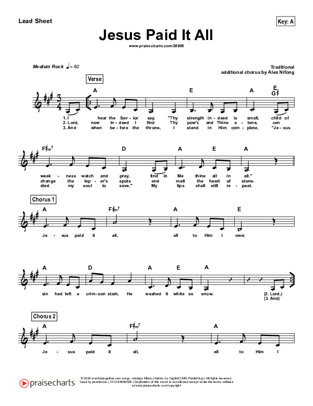 Jesus Paid It All (Simplified) Lead Sheet (Melody) (Kristian Stanfill / Passion)