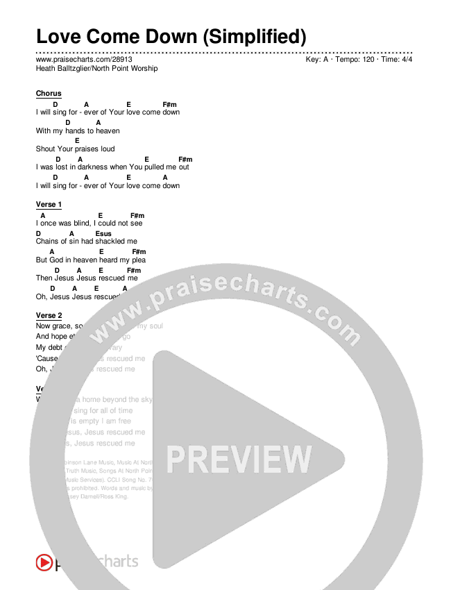 Love Come Down Chord Chart (Heath Balltzglier / North Point Worship)
