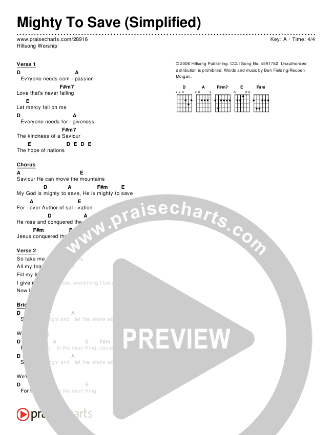Mighty To Save (Simplified) Chords PDF (Hillsong Worship) - PraiseCharts