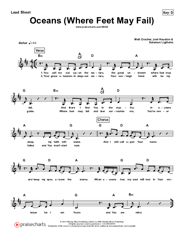 Oceans (Where Feet May Fail) (Simplified) Lead Sheet (Hillsong UNITED)