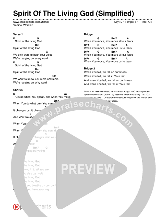 Spirit Of The Living God Chord Chart (Vertical Worship)