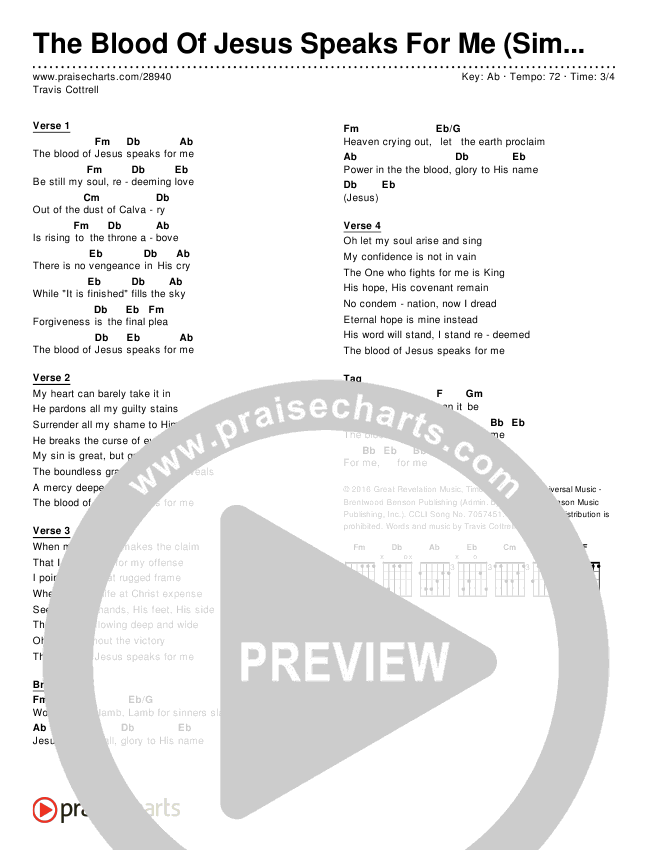 The Blood Of Jesus Speaks For Me Chord Chart (Travis Cottrell)