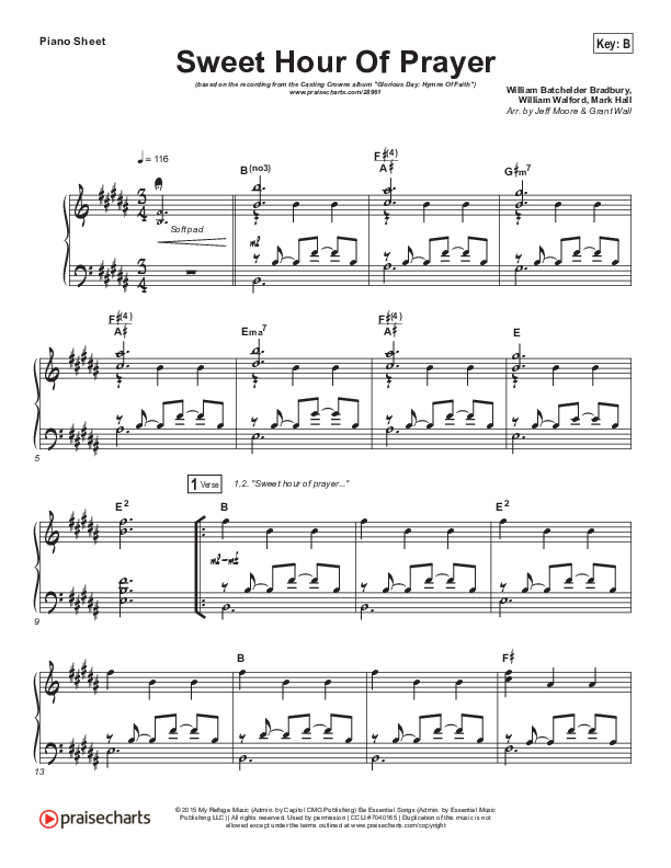 Sweet Hour Of Prayer Piano Sheet (Casting Crowns)