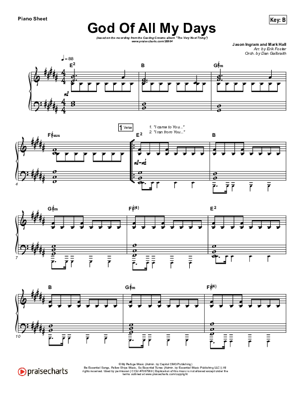 God Of All My Days Piano Sheet (Casting Crowns)