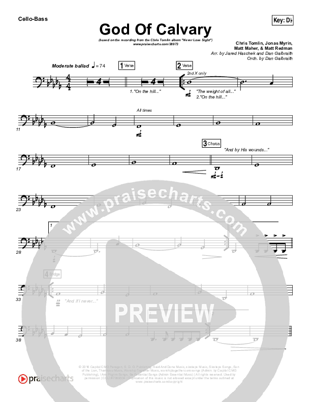 God Of Calvary Cello/Bass (Chris Tomlin)
